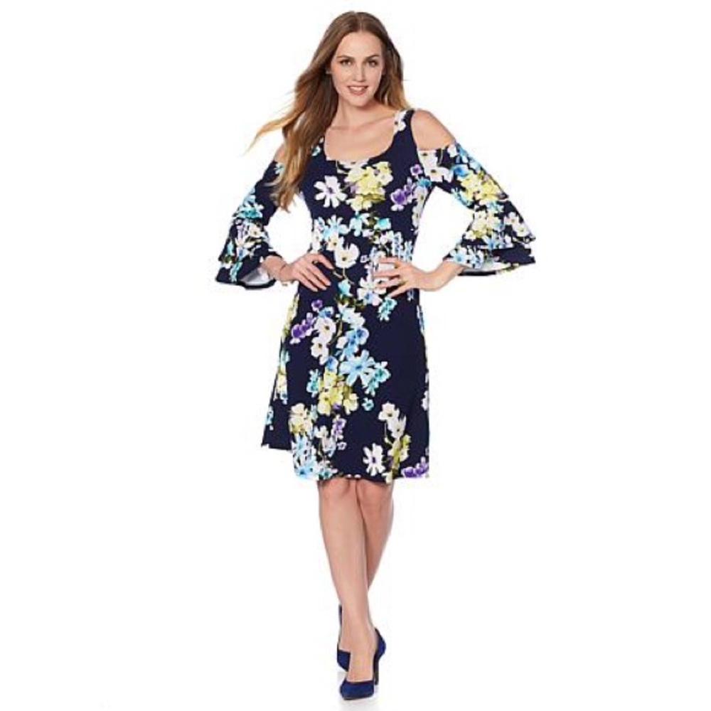 Slinky Print Textured Double Flounce Sleeve Dress